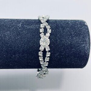 Double Row Silver Tone & Rhinestone Tennis Bracelet W/Central Accent Stone (5823